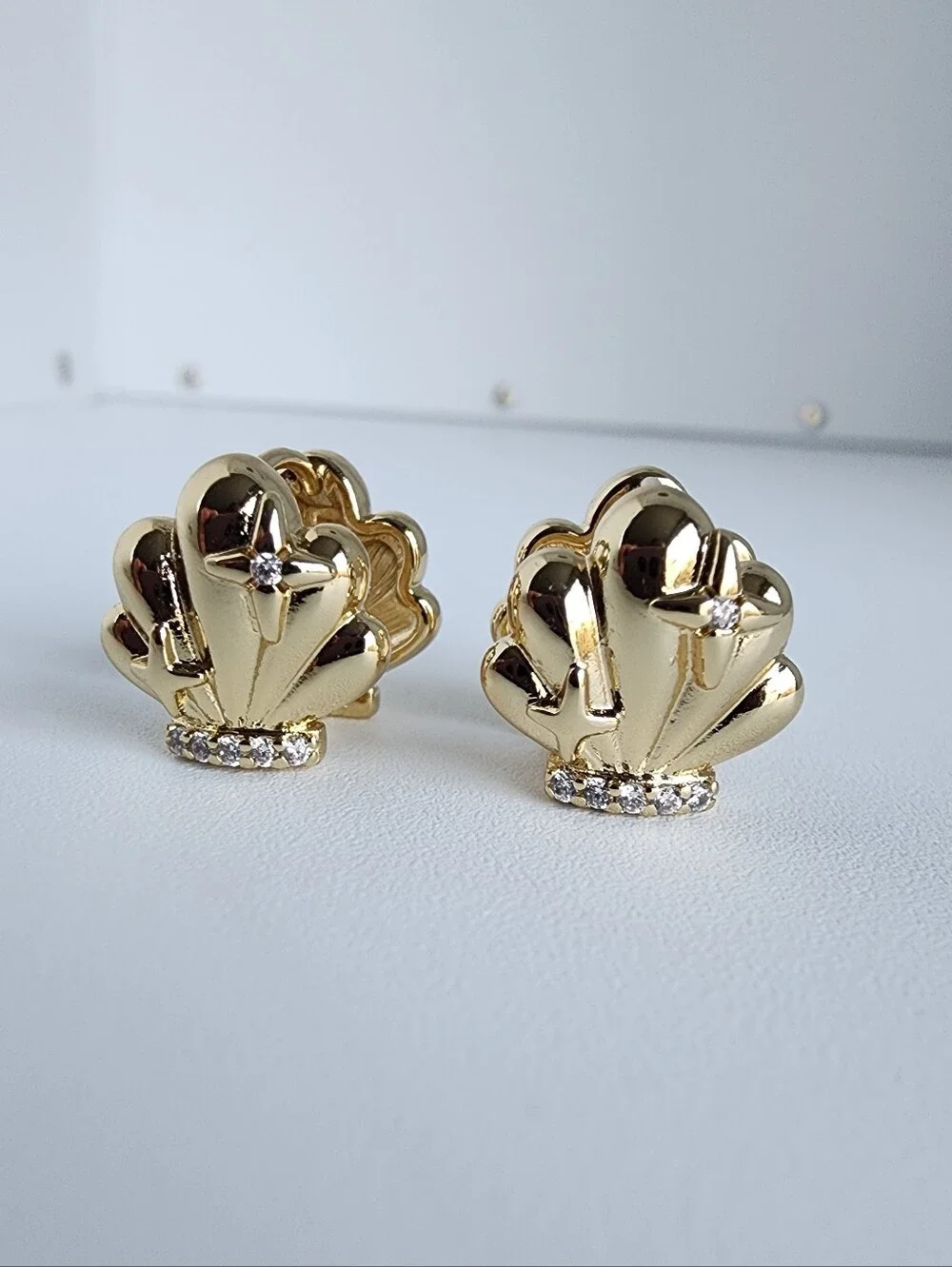 Gold Plated Seashell Stud Earrings CZ Crystal Shell Coastal Jewelry